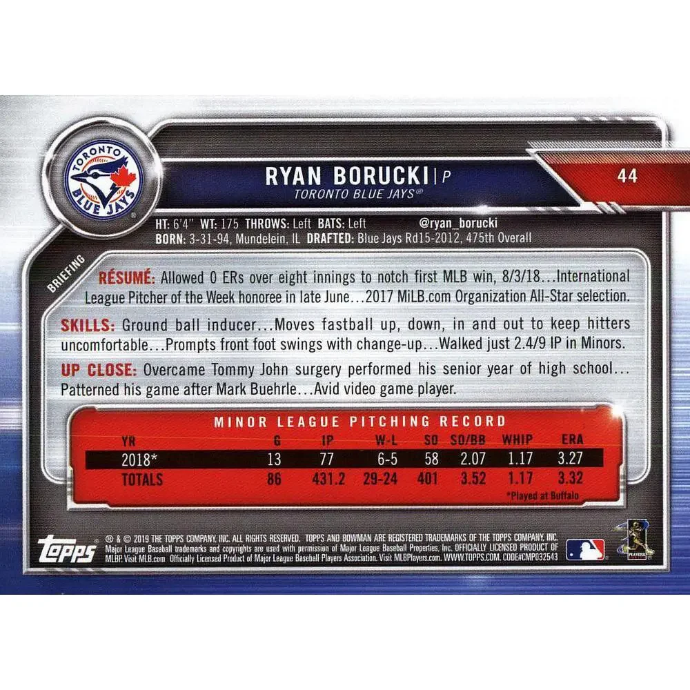 2019 Bowman Ryan Borucki RC #44 Toronto Blue Jays